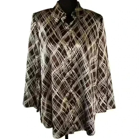 Susan Graver Size Small Button Up Collared 3/4 Sleeve Top, Brown and Cream - Picture 1 of 3